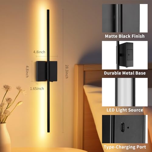 Image of Battery Operated Wall Sconce Set of Two with Remote Control, Rechargeable & Dimmable Wireless, Easy Install Peel and Stick, Timer Function, for Living Room, Bedroom, 28.3 inch (Black)