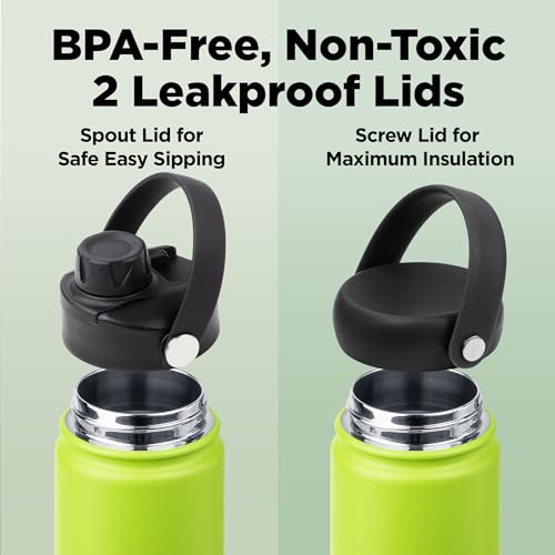 Image of ThermoProof Double-Walled Vacuum Insulated Stainless Steel Water Bottle - Wide Mouth with Chug & Spout Lids, Dishwasher Safe, Reusable, Leakproof, Hot & Cold for Men, Women & Kids - 22oz, Fresh Mint