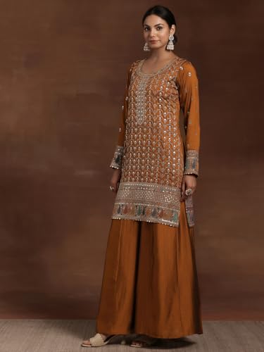 Image of Libas Womens Embroidered Silk Blend Straight Kurta With Palazzos and Dupatta | ethnic wear | bridal suit | wedding dress | occasion wear