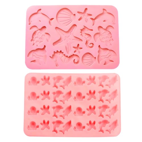 GXGM 2 Piezas Molde de silicona con temática marina, caballito de mar, estrella de mar, delfines molde de silicona para fondant, caramelo duro, decoración de pasteles