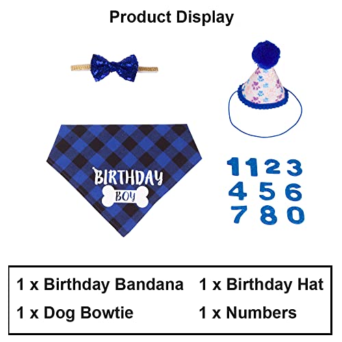 ADOGGYGO Dog Birthday Party Supplies, Boy Dog Birthday Hat with Numbers, Plaid Birthday Dog Bandana and Blingbling Dog Bow Set for Large and Extra Large Dogs Pets (X-Large) ADOGGYGO Dog Birthday Party Supplies, Boy Dog Birthday Hat with Numbers, Plaid Birthday Dog Bandana and Blingbling Dog Bow Set for Large and Extra Large Dogs Pets (X-Large)