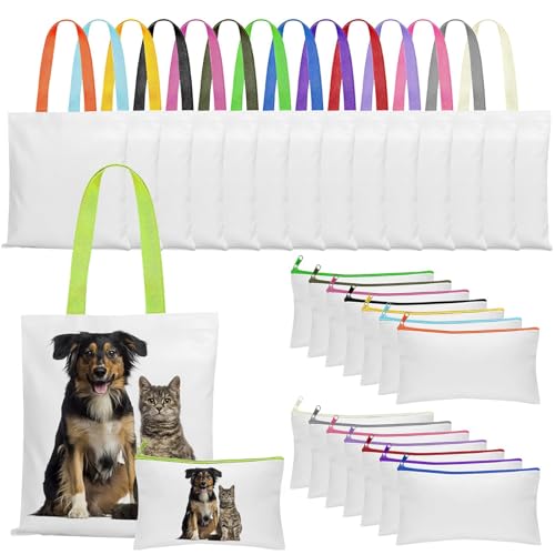 ASMIZ 30 Pièces Sacs Tote Sublimation à Personnaliser, Sacs Cabas en Toile Réutilisables avec Trousses de Maquillage, Sacs à Courses Personnalisables pour...
