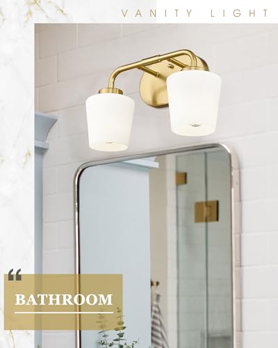 Image of Brushed Gold Bathroom Vanity Light, Farmhouse Brass Sconces Wall Lighting with Milk White Glass, Champagne Bronze Light Fixture Over Mirror, AD-22004-2W-GD
