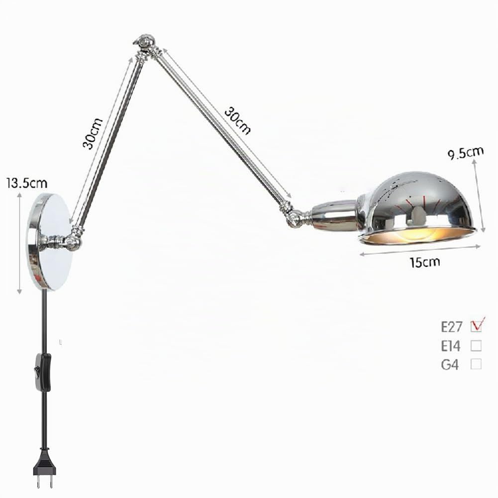 Retro Wandleuchte Verstellbare Schwenkarm Wandlampe mit Stecker Kabel Schalter Wandbeleuchtung Chrom Innen Nachttischlampe Ausziehbar Lange Arm Wand Leselampe Metall E27 Wohnzimmerleuchte
