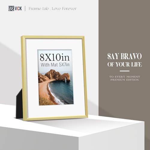 Image of VCK 8x10 Picture Frame Gold Metal, Real Glass, 5x7 Mat, for Artwork