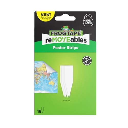 FrogTape reMOVEables Poster Strips, No Damage Hanging Strips, Removable Poster Hangers, Stick On Adhesive Wall Tape Alternative for Pictures, Home, School, Office, White, 16 Strips
