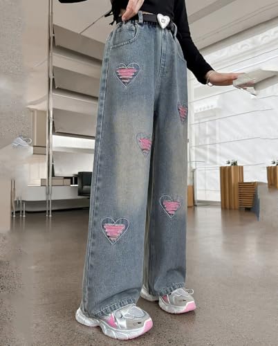 Kids Girls Baggy Jeans Elastic Waist Wide Leg Ripped Heart Jeans Casual Loose Denim Pants Kids Clothes2