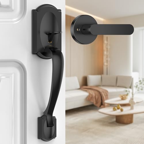 Image of Front Door Handle, Black Exterior Door Handle with Passage Lever, Vintage Front Entry Door Handle No Lock, Reversible for Left & Right Handed Doors, Lower Half Grip