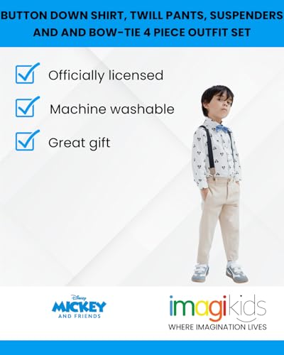 Disney Mickey Mouse Button Down Shirt Twill Pants Suspenders and Bow-Tie 4 Piece Outfit Set Infant to Little Kid2