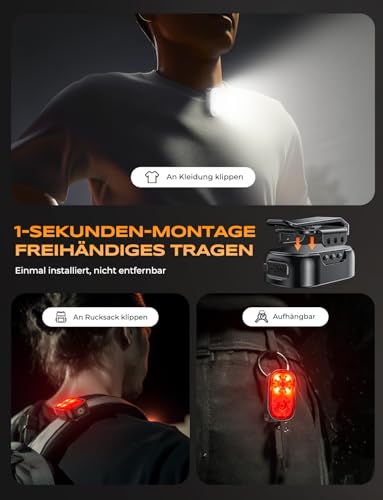 Glangeh 500LM Clip-Mini Taschenlampe EDC Led Aufladbar mit Spot & Flood, 10 Modi Freihändige Stroboskope & Sicherheitslichter Lauflicht mit IP65 Wasserdicht für Läufer/Arbeit/Notfall/Wandern/Boote