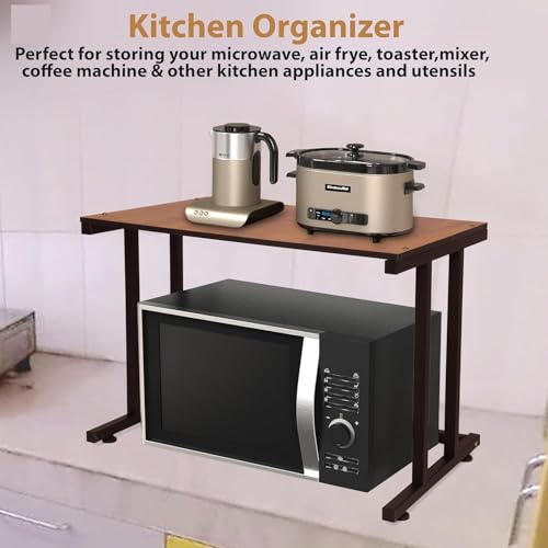 Image of Heavy Duty Metal Microwave Oven Stand with Storage Shelves | 2 Tier Kitchen Organizer Rack with Hooks | Suitable for Microwave, OTG & Kitchen Appliances