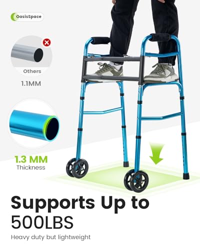 OasisSpace Heavy Duty Folding Walker, Bariatric Walker with 5 Inches Wheels for Seniors Wide Walker Supports up to 500 lbs [Walker Accessories Included] (Heavy Duty Size) - Thumbnail 4