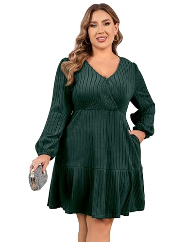 Image of Women's Plus Size Casual Sweater Dress Square Neck Long Lantern Sleeve Tie Waist Loose Pullover Sweater Dresses