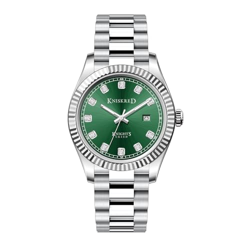 KNISKRED Klassische Herrenuhr mit Massivem Edelstahlarmband und Kalender Herrenanzuguhr Wasserdicht (Silber Grün)