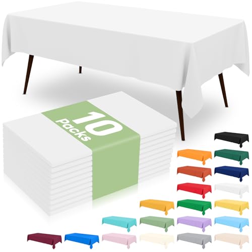 misaya 10 Packs Disposable Plastic Table Cloth, 54 x 108 Inch Waterproof Rectangle Tablecloth, Leakproof & Sturdy Decorative Table Covers for Picnic, Party and Outdoor, White