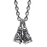 [silver KYASYA]ベルネックレス ペーパーチェーン 梵字 真言 ゴールド 金 18K シルバー 銀 燻し仕上げ ツインベル 鐘 唐草 ペンダント メンズ ごつめ HIPHOP b系 メンズネックレス ジュエリーBOX付属（シルバー、60cm）