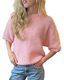 Design : Hauts à manches mi-lanterne en tricot pour femmes. Joli pull-over à col rond de couleur unie. Coupe ample qui s'accorde parfaitement avec toutes les tenues