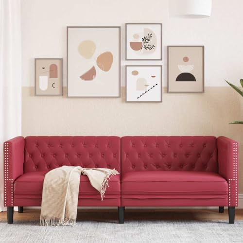 kithwjll Sofá Chesterfield de 3 plazas, color rojo vino, piel sintética, 194 cm de ancho, resistente, muebles tapizados para sala de estar, muebles elegantes, fácil montaje