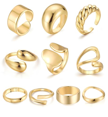 ÌF ME 10 PCS Gold Rings Set for Women Non Tarnish, 18K Gold Plated Chunky Stackable Rings, Statement Stacking Womens Ring Pack