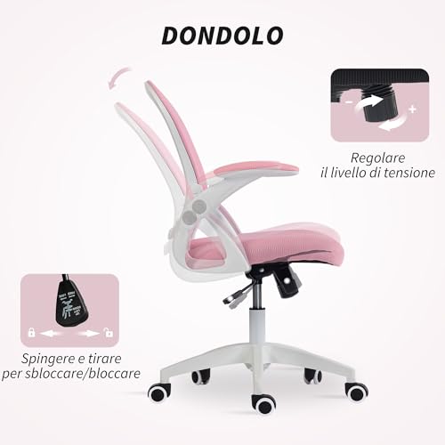 Sedia Ufficio con Funzione a Dondolo, Braccioli Regolabili, Altezza Regolabile, Sedia Scrivania con Schienale a Rete, Ruote e Seduta Imbottita, 65.5x61.5x88-97.5 cm, Rosa - Sedia gaming - Immagine 4