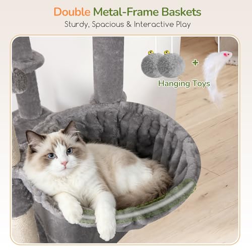 Image of Globlazer Extra Tall Large Cat Tree, 84in Multi-Level Cat Climbing Tower for Indoor Cat Large Adult, Widened Condo with Scratch Board, 7 Scratching Posts, Padded Perch, Metal Basket, S84E, Light Grey