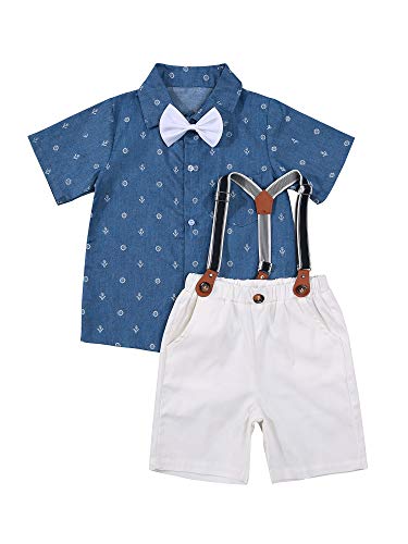 Toddler Baby Boys Gentleman Suits Kids Short Sleeve Outfits Bow Tie T-Shirt+Bib Short Pants Overalls Clothes Set (A# Blue, 2-3T)