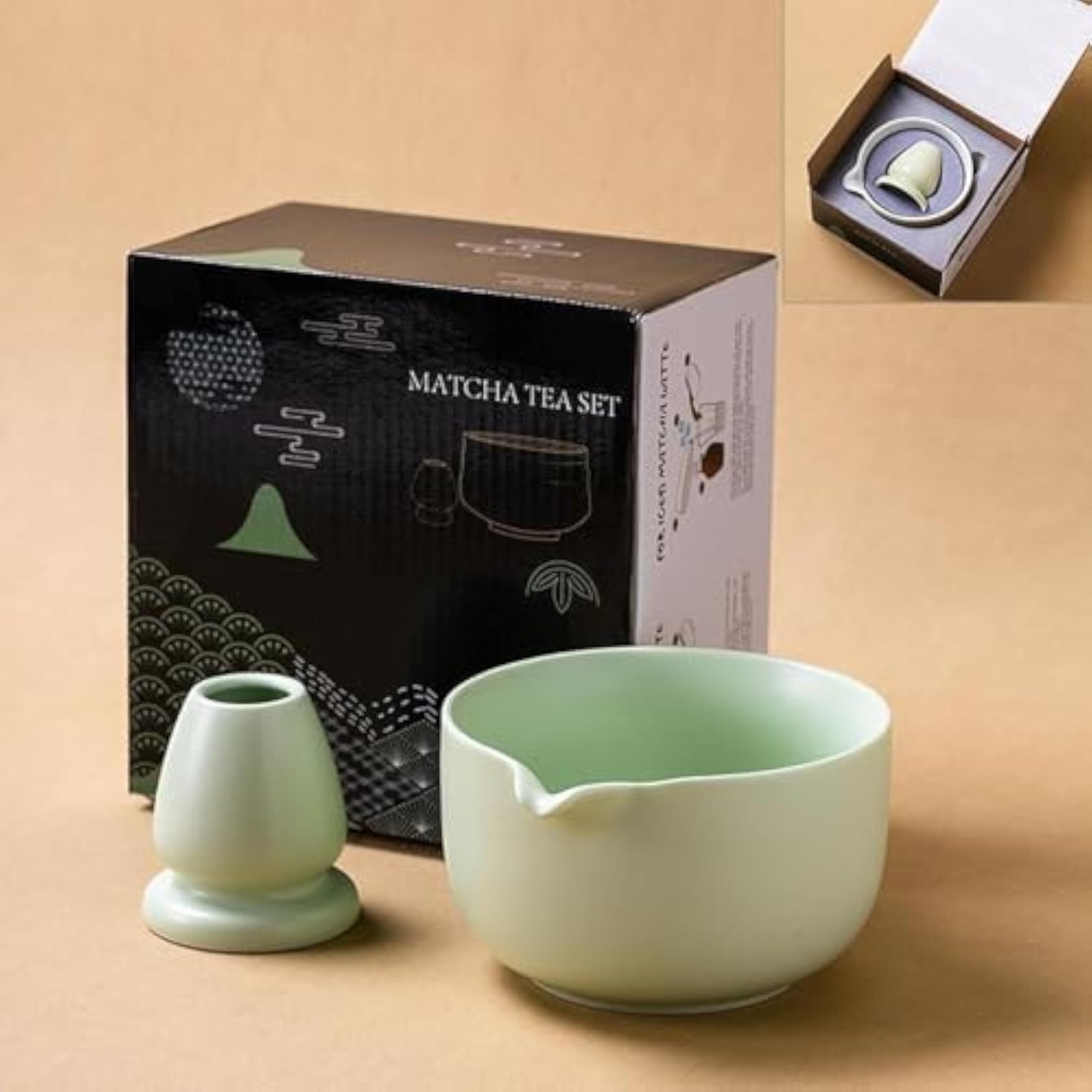 2Pcs Japanese Ceramic Matcha Bowl with Whisk Holder
