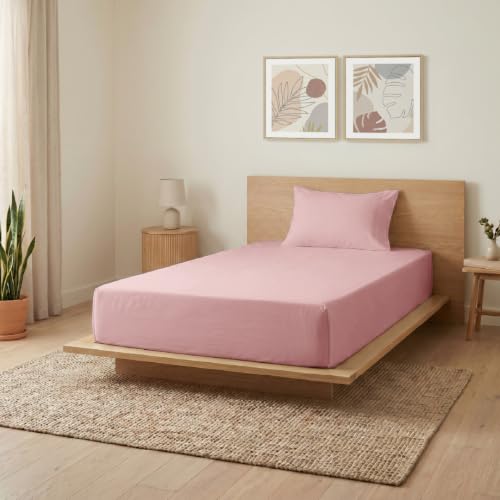 Image of Blue Dahlia 100% Cotton, Single Bedsheet (60 inch x 90 inch) +1 Pillow Cover, Percale Weave, 200TC Solid Premium Bedsheet, Colour: Soft Pink