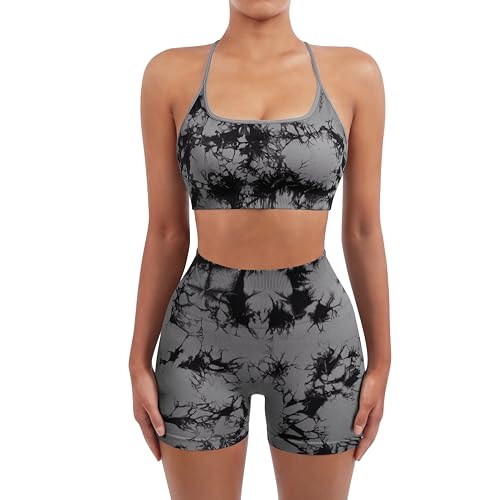 Image of SUUKSESS Women Seamless Workout Sets Strappy Sports Bra High Waist Booty Shorts Outfits