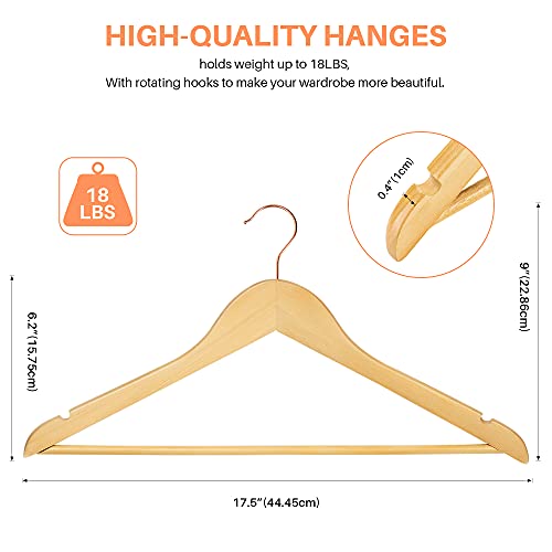 Smartor Wooden Hangers 10 Pack, Durable Coat Hanger Wood Hangers With Bar, Premium Suit Hangers For Men Women - Heavy Duty Hangers Pants Hanger Set With 360° Rotatable Hook & Shoulder Grooves, Natural #TOP2