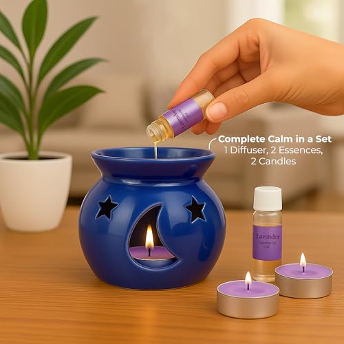 Image of Floryn Decor Ceramic Oil Diffuser Set with 5ml Essential Oil & 2 Tealight Candles | Aromatherapy Burner for Home, Bedroom, Spa & Office | Relaxing Fragrance, Compact Size - Gift Pack Blue