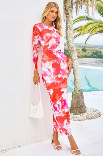 Image of PRETTYGARDEN Women's Floral Bodycon Maxi Fall Dress | Sheer Mesh, Boho Tie Dye, Long Sleeve Fitted, Ruched Waist, Wedding Guest, Cocktail Party Holiday, Elegant Spring Outfits