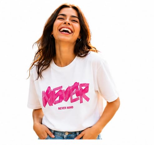 AURASIGN Never Mind Graphic Oversized T-Shirt for Women | Pink Typography Print | Relaxed Fit | Premium Cotton | White-image-31