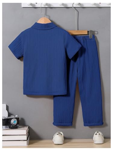 Image of RoseSeek Boy's 2 Piece Outfits Textured Button Down Short Sleeve Collar Shirts Tops and Elastic Waisted Pants Royal Blue 4Y