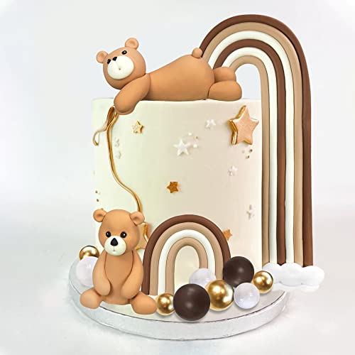 Bear Cake Toppers 2 Pcs Mini Bear Cake Decorations Gold Brown White Pearl Ball Boho Rainbow Cake Toppers For Baby Shower Birthday Party Teddy Bear Theme Party Supplies (Brown Rainbow) #TOP6