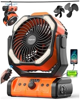 24000mAh Akku Camping Ventilator Powerbank, Kupferkern Dual-Motor 8 Blätter Akkuanzeige Fernbedienung Timer LED-Licht Schwenkfunktion 6 Geschwindigkeiten , aufhängbar für Outdoor Z