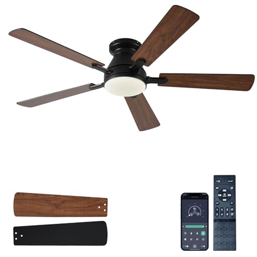 Image of Ayaoty 54 inch Ceiling Fans with Lights and Remote, Low Profile Ceiling Fan with Light, Flush Mount, Reversible, 3CCT, Dimmable, Noiseless, White Ceiling Fan for Bedroom, Indoor /Outdoor Use