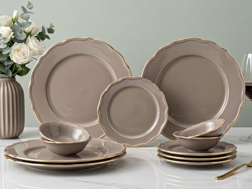 Image of Bodhi House 12-Piece Gold Rim Porcelain Dinner Set | Plates & Bowls Set | Lightweight, Chip Resistant, | Dishwasher Safe | Ideal for Home Dining & Gifting Set | Thunder Grey