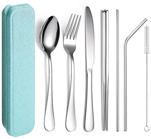 XIAOYU Ensemble d'ustensiles portables 7 pièces, ensemble de couverts de camping de voyage, ensemble de couverts en acier inoxydable, y compris couteau/fourchette/cuillère/baguettes/paille, argent