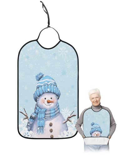 Cute Snowman Adult Bib for Eating with Crumb Catcher,Blue Christmas Snowflake Winter Holiday Washable & Waterproof Terry Cloth Adjustable Elderly Women Men Adult Bibs Funny Apron Clothing Protector