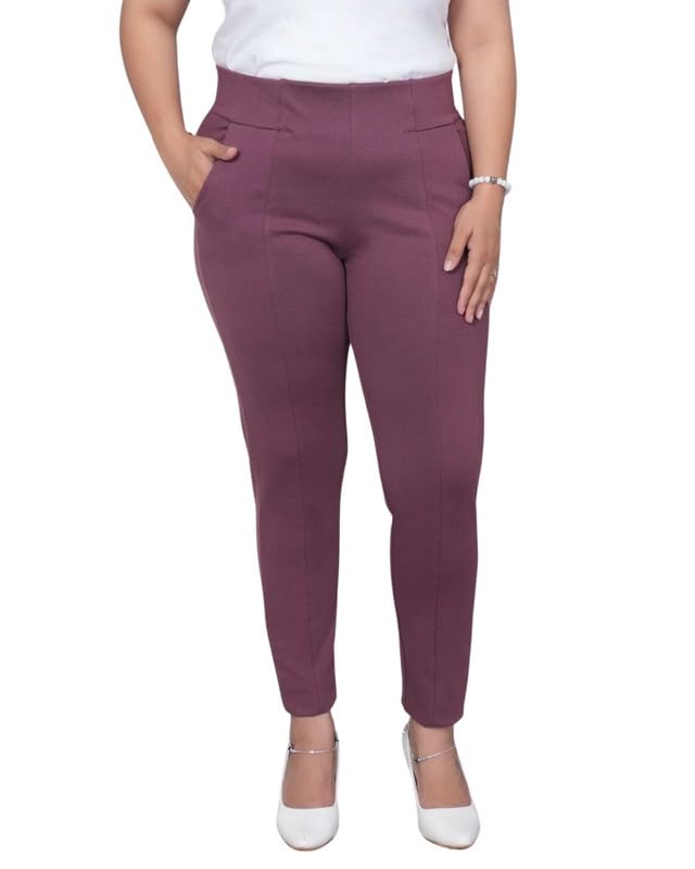 Image of Mlada Women's Solid Cotton Lycra High Waist Ankle Length Tummy Tucker Jeggings Trouser with 2 Side Pockets | Office Wear Summer Pants | Regular Fit, Stretchable, Comfortable & Stylish Everyday Bottoms