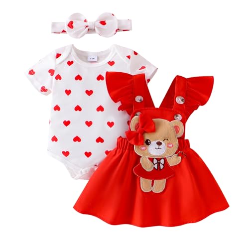 Image of Baby Girl Clothes Summer Outfit Newborn Ruffle Romper Cartoon Suspender Skirt Bow Headband Set 0-18 Months