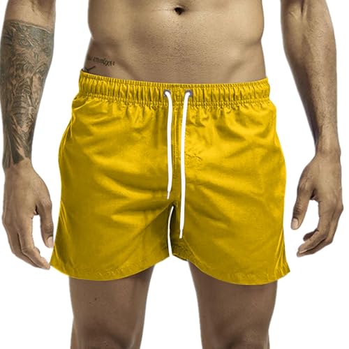 Sinzelimin Men's Swim Trunks Fashion Quick-Drying Solid Lace up Elastic Waist Beach Casual Board Shorts Knee Length Sweatpant Yellow Large