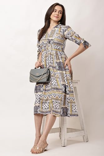 Image of JUSTHER Women's Jaipuri Ethnic Motif Print Fit and Flare Dress | V-Neck A-Line Midi Frock