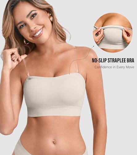 Image of DEANGELMON Strapless Bras for Women Wireless Push Up Non-Slip Bandeau Bra Seamless Clear Straps TubeTop Padded Bralette