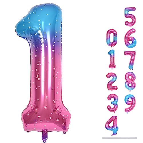 40 Inch Gradient Rainbow Number 1 Balloon for 1st Birthday Decoration, Large Self Inflating Blue Pink Foil Number Balloons 0-9 for Girls, Starry 1 Helium Balloons for Women Party Anniversary Supplies - 2