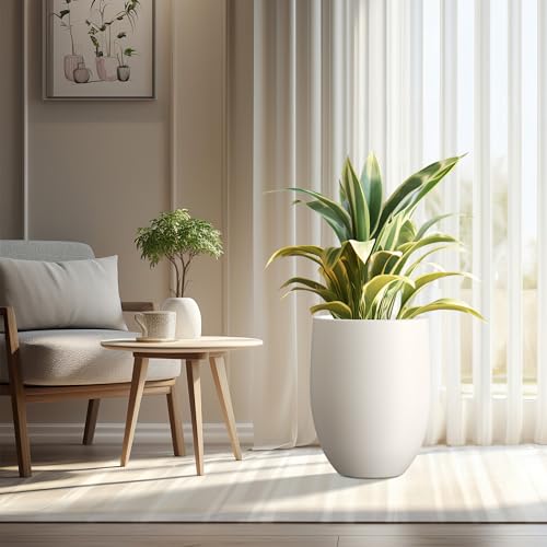 Image of Kante 21.7 inch H Pure White Concrete Tall Planter, Large Outdoor Indoor Decorative Pot with Drainage Hole and Rubber Plug, Modern Round Style for Home and Patio