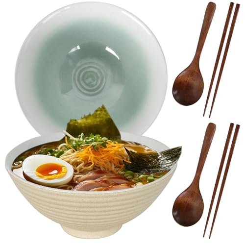 DecorDwell 1200ml Ramen Bowl de Cerámica, 2 Juegos Tazón de Ramen Japonés con Palillos y Cuchara, Ensaladeras, Tazones de Sopa de Fideos para Ensalada Fideos Cereales Sopa Frutas Verduras