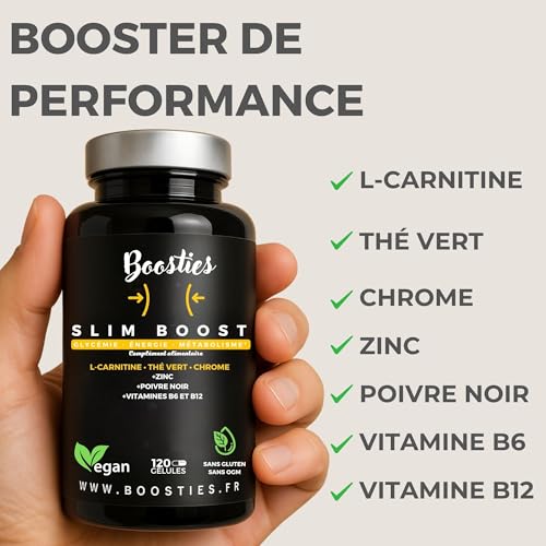 Slim Boost Minceur – L-Carnitine, Thé Vert, Chrome, Zinc, Vitamines B6 & B12 – Vegan – Support Glycémie, Énergie, Métabolisme, Pré-workout – 120 Gélules – Image 3