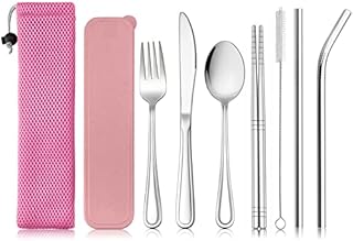 9 Piece Travel Cutlery Set, Haware Stainless Steel Picnic Camping Flatware Set for 1 with Knife, Fork, Spoon, Chopsticks, Cleaning Brush, Straws, Portable Case& Bag, Portable& Reusable (Pink)